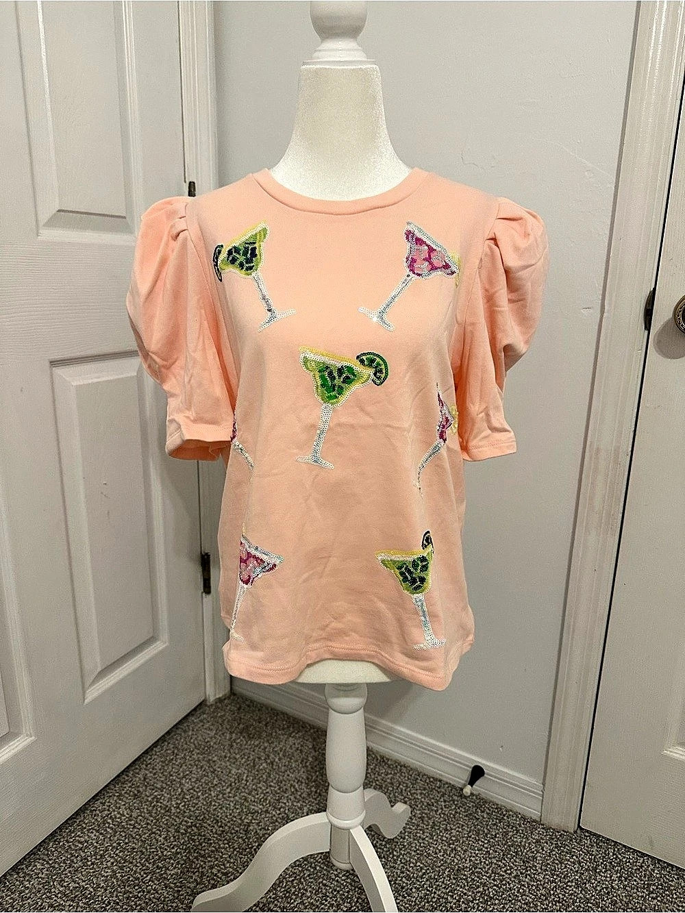 Peach Love California Pink Puff-Sleeve Sequin Cocktail Tee Large